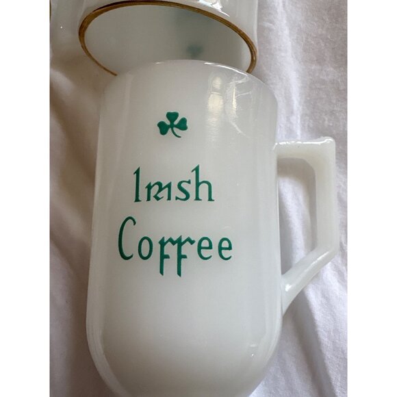 Vintage Milk Glass Irish Coffee Mugs With Green Script & Shamrock Design - Set O - Picture 6 of 8